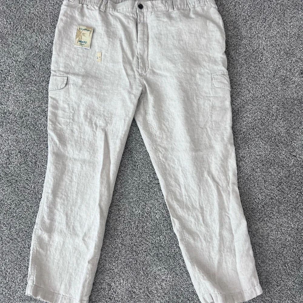NWT! Caribbean 100% Linen Oatmeal Elastic Drawstring Waist Cargo Pants Mens46*32